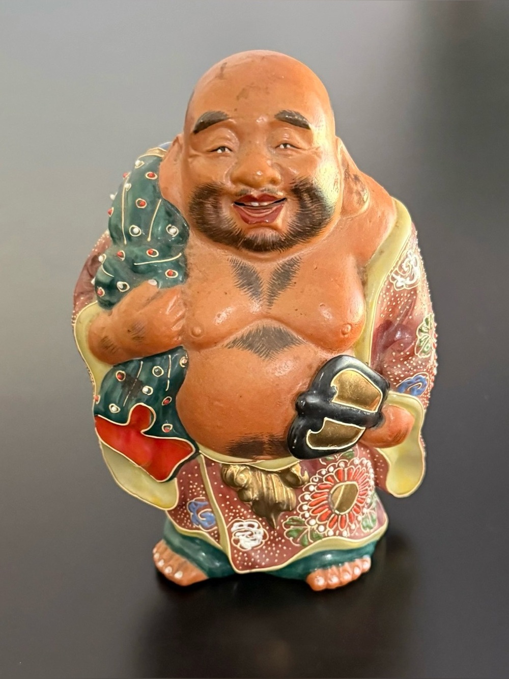 Japanese Kutani Moriage 6” Figurine of Hotei, the Laughing Buddha Vintage